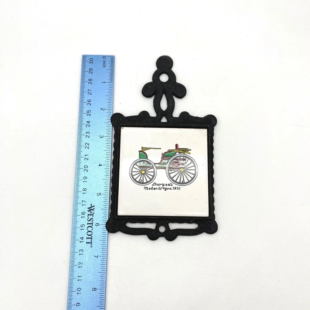 Vintage Cast Iron Ceramic Trivet Duryea's Motor Wagon 1895 San-Huan Black Ornate
